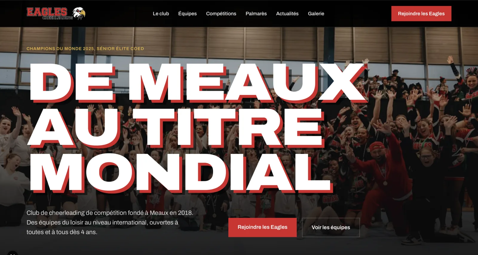 La page d’accueil du site Eagles, du bloc-titre aux appels à l’action.