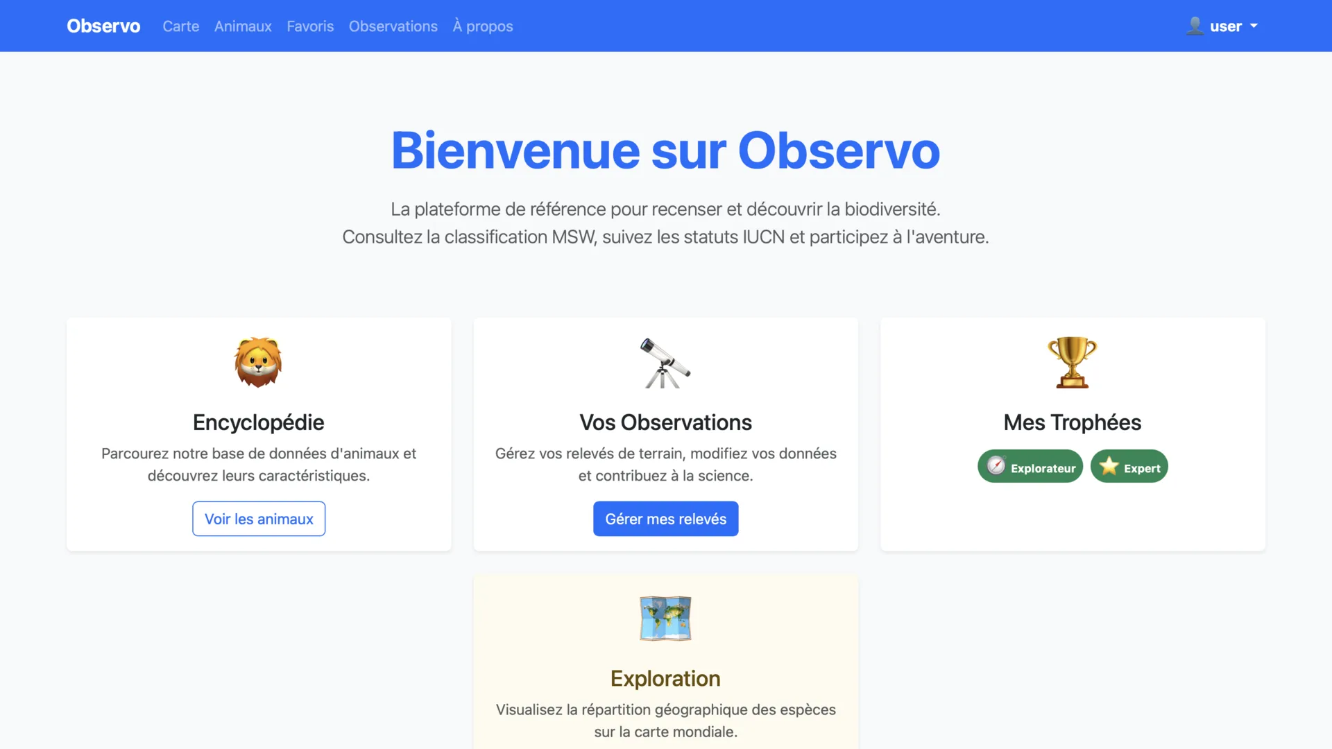 La page d’accueil d’Observo et ses trois entrées principales.