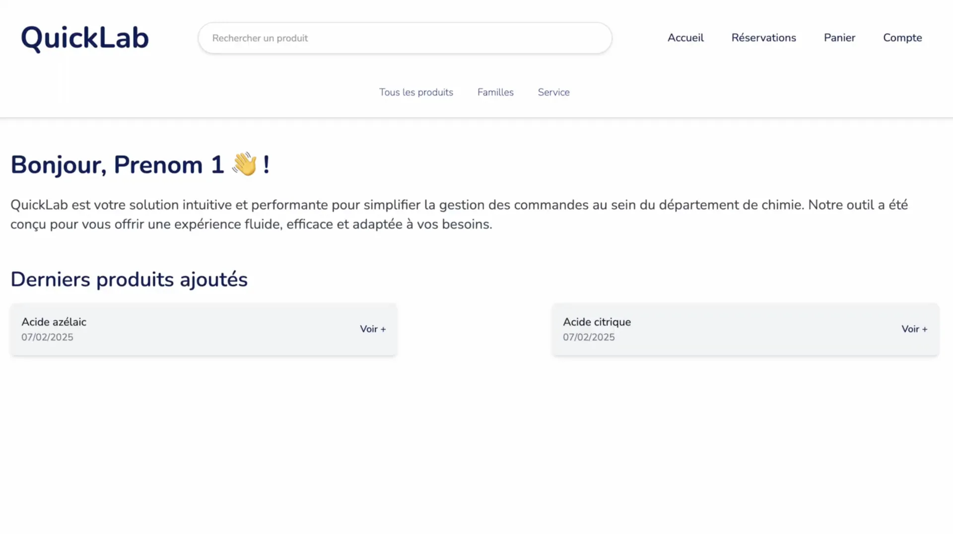 La page d’accueil de QuickLab, listant les derniers produits ajoutés.